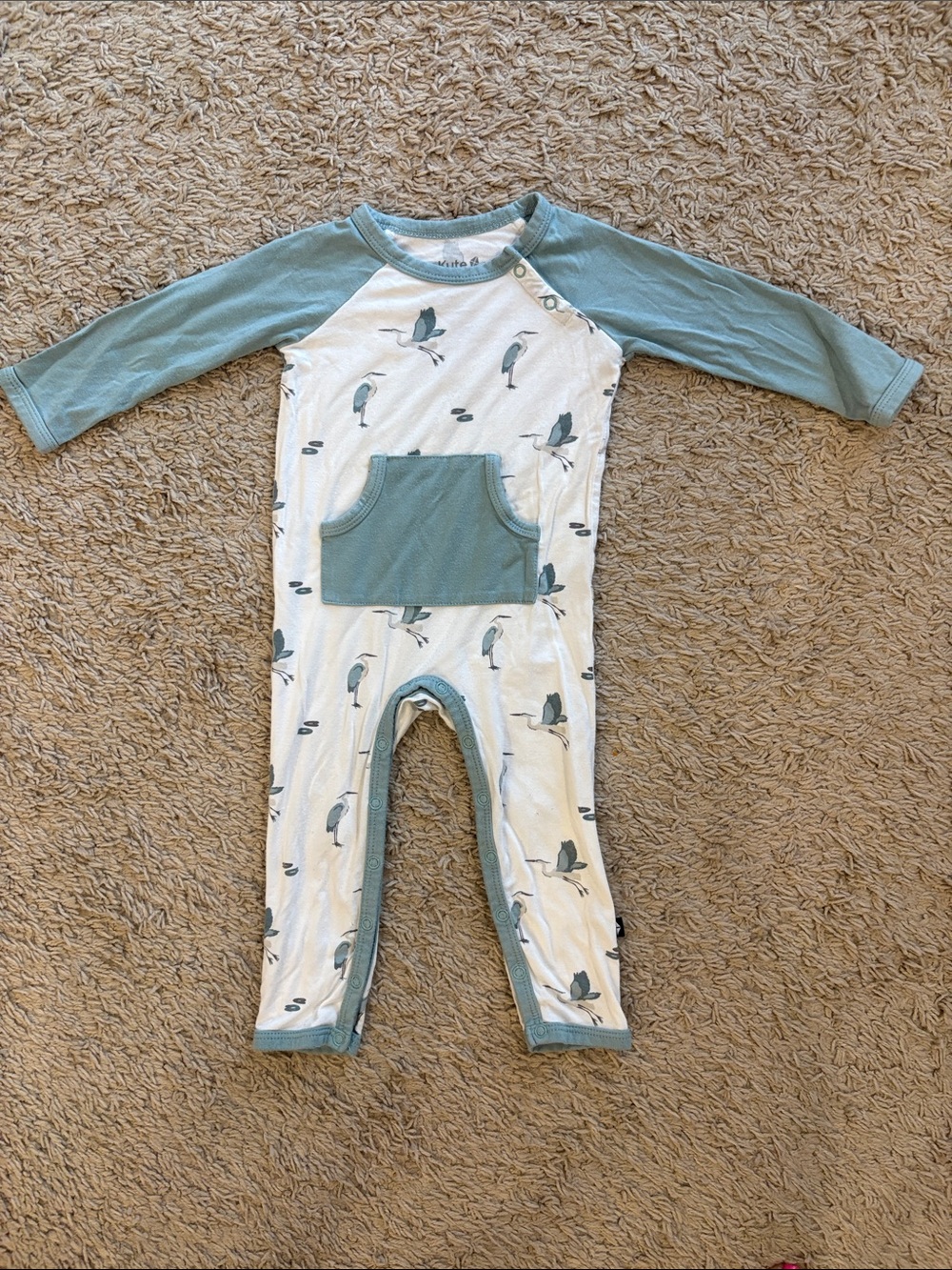 Kyte BABY Bamboo Longall with Heron Print and Blue Trim. Size: 6-12 mos. EUC.